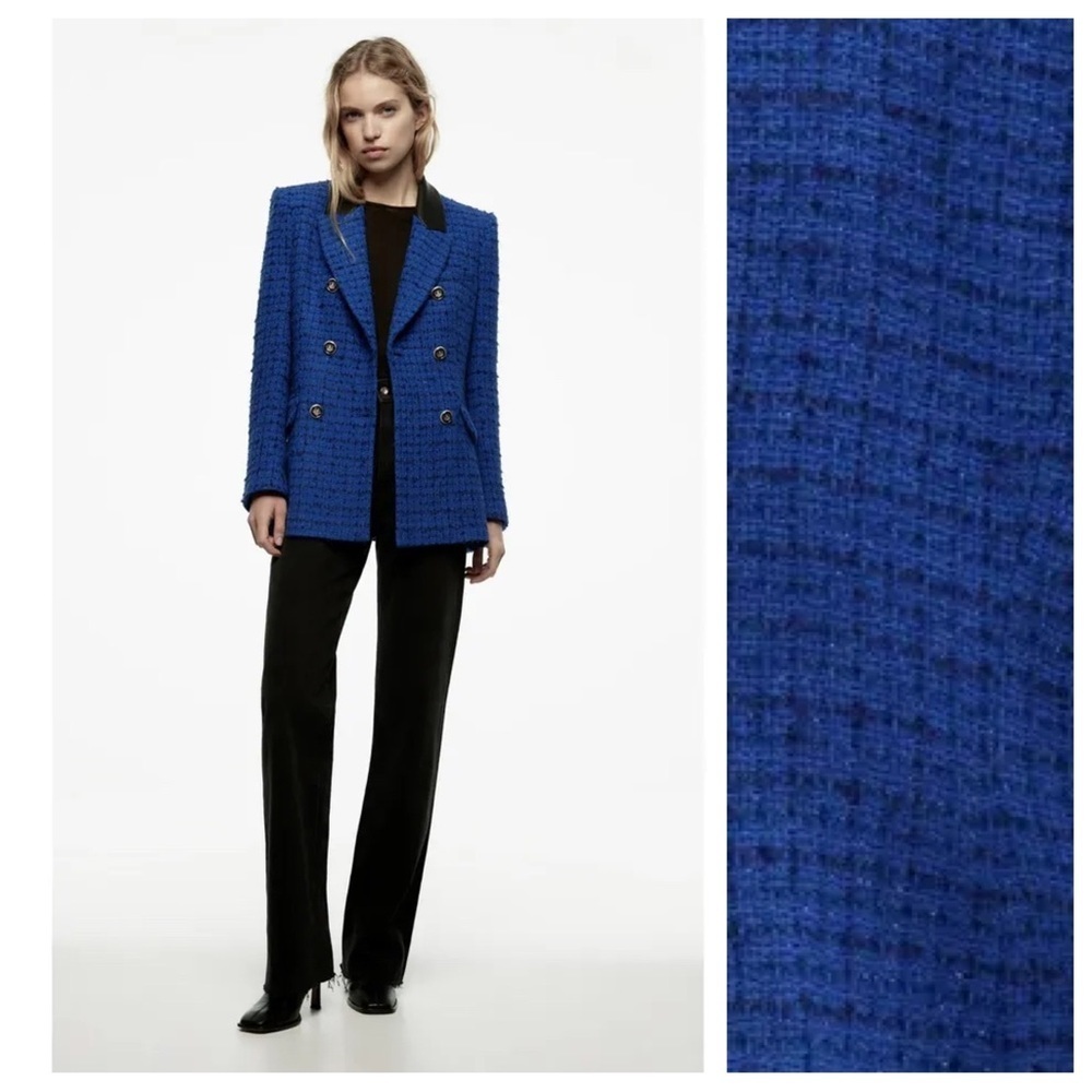 NWT. Zara Blue Combination Faux Leather Collar Textured Blazer. Size S.